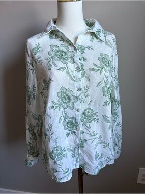 Joie White 100% Linen Button-Up Shirt with Green Floral Print summer beachy